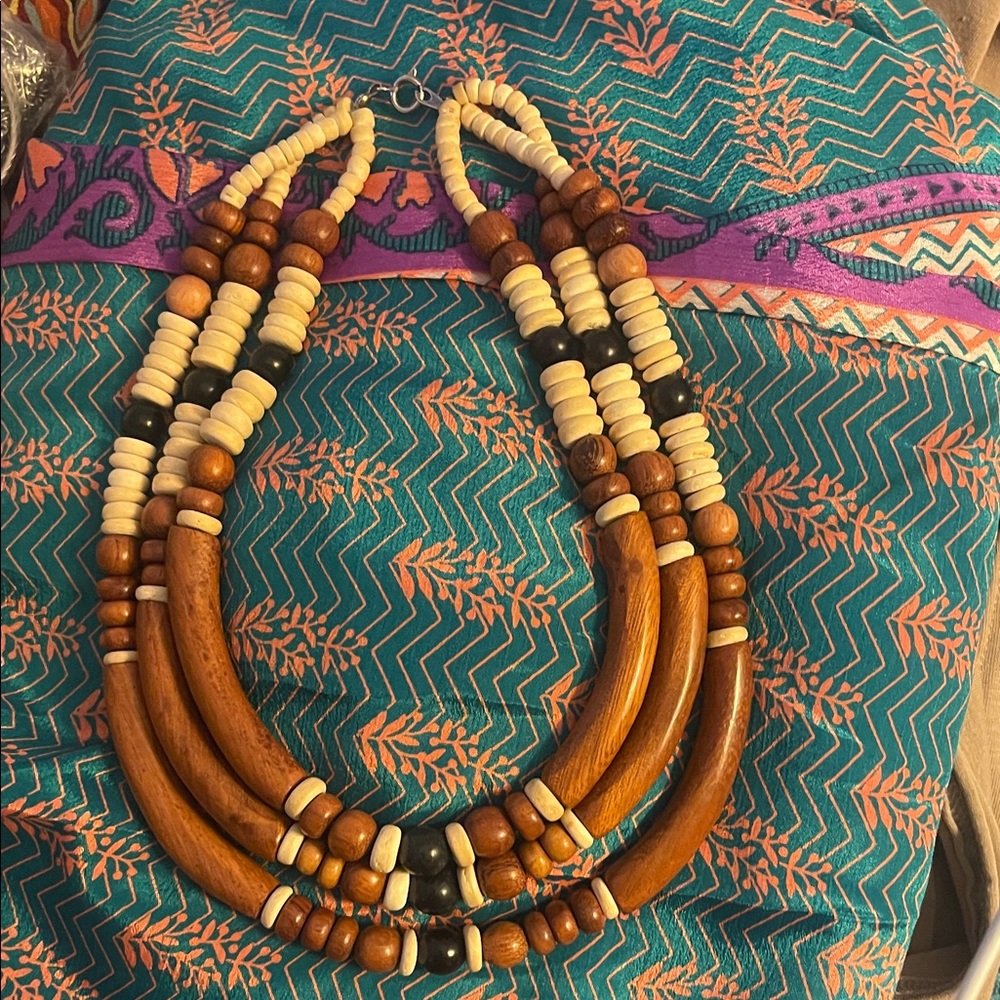 Handcrafted Brown & Cream Wooden Beaded Multi-Strand Necklace